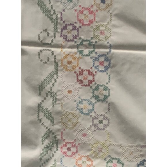 Vintage Hand Cross Stitch Floral Tablecloth with Scalloped Edges 48" x 51" Cotto - Picture 7 of 11